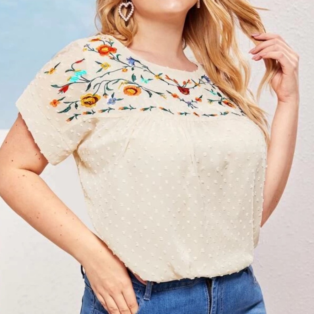 PLUS SWISS DOT FLORAL EMBROIDERED BLOUSE